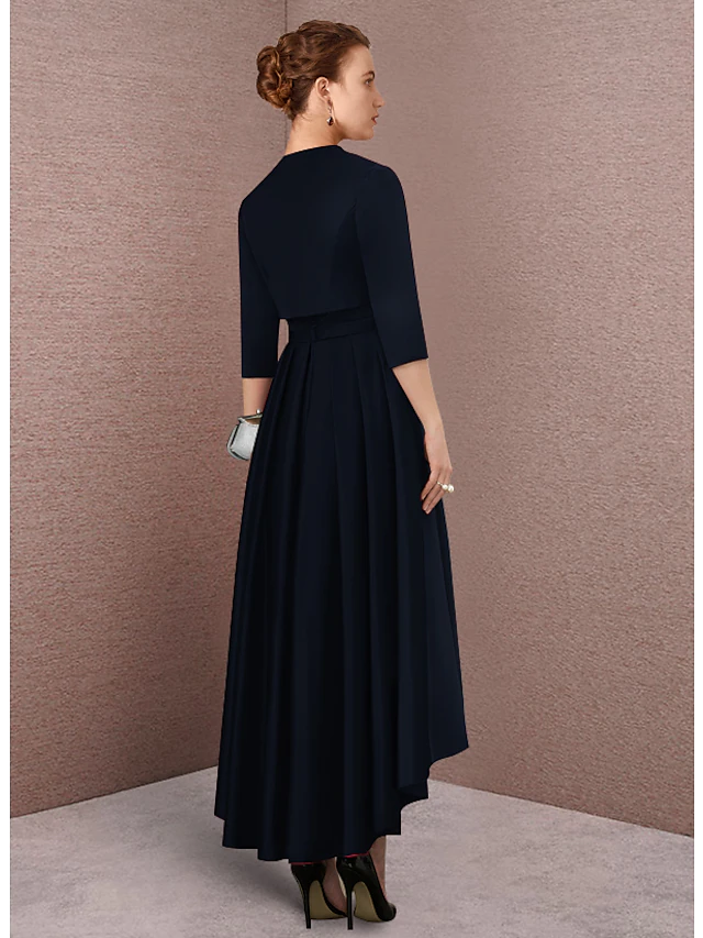 Mother of the Bride Dress Elegant Vintage Jewel Neck Asymmetrical Lace Charmeuse 3/4 Length Sleeve with Sash  Ribbon Pleats