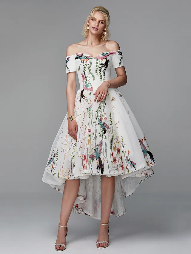 Ballkleid, elegant, mit Blumenmuster, hoch niedrig, für Cocktailpartys, Abschlussbälle, Valentinstag, schulterfrei, kurze Ärmel, asymmetrisch, Polyester mit Stickerei