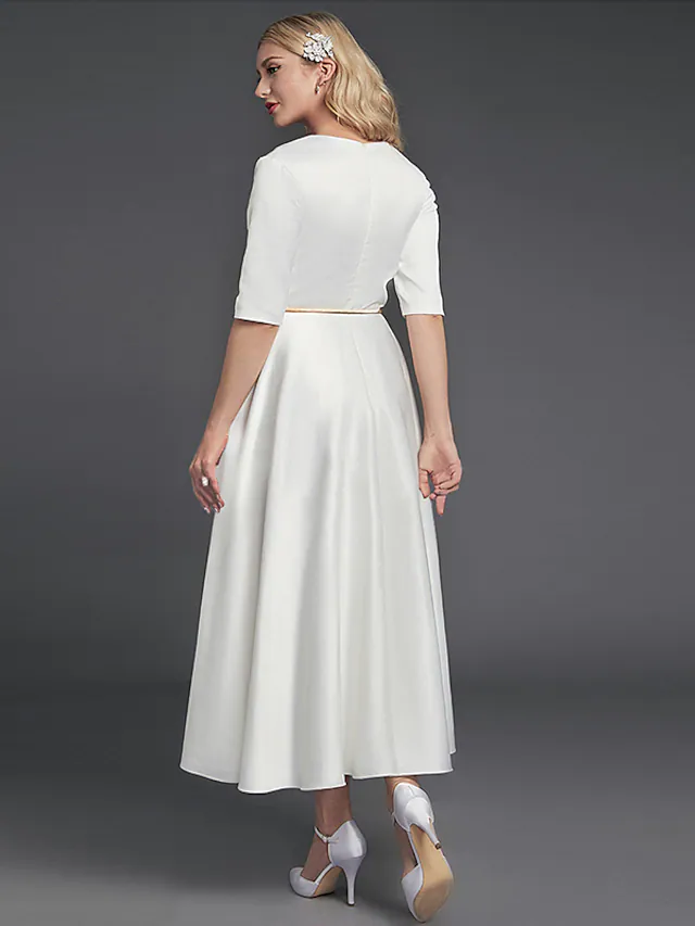 A-Line Minimalist Elegant Homecoming Cocktail Party Dress V Neck Half Sleeve Tea Length Satin with  Ribbon Pleats