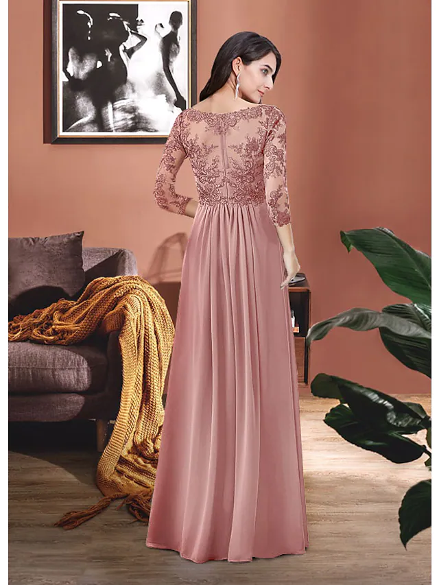 Kleid für die Brautmutter, elegant, V-Ausschnitt, bodenlang, Chiffon, Spitze, 3/4-Ärmel mit Falten, Applikationen, Kristallbrosche