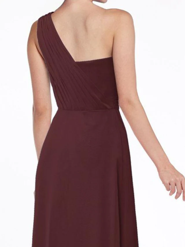 A-Linie One-Shoulder-Bodenlanges Chiffon-Brautjungfernkleid mit Rüschen