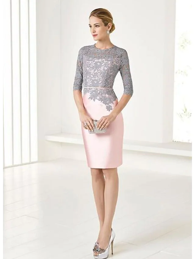 Mother of the Bride Dress Wrap Included Jewel Neck Knee Length Lace Satin 3/4 Length Sleeve with Lace