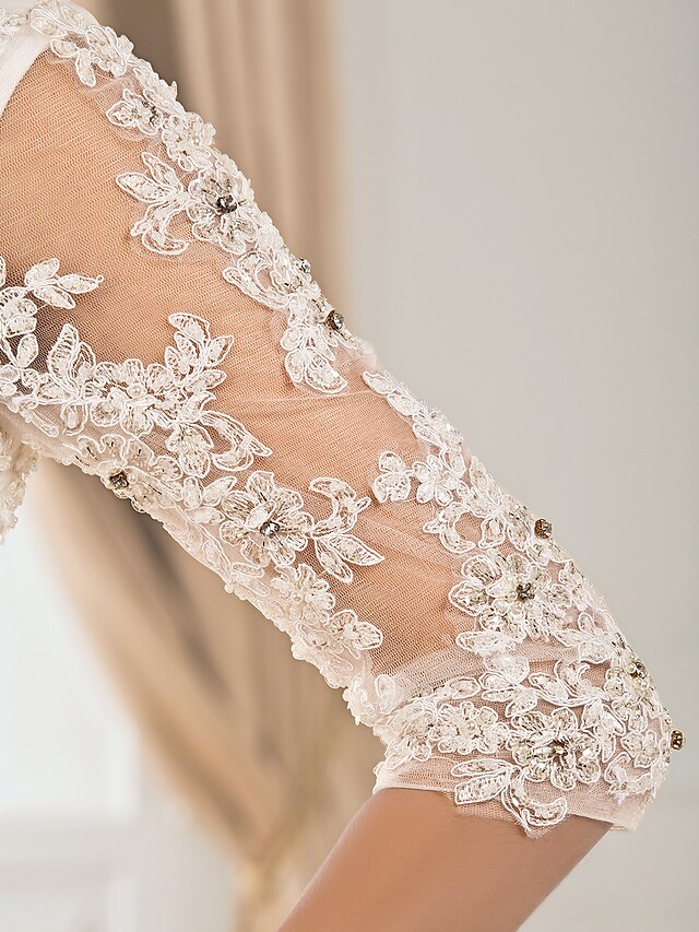 Ballkleid-Brautkleider, V-Ausschnitt, Kapellenschleppe, Taft, halbe Ärmel, durchsichtig, mit gerüschter Perlenapplikation