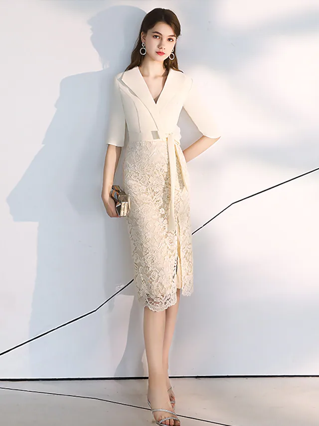 Elegant bodycon Homecoming Cocktail Party Dress V Neck Half Sleeve Knee Length Lace Stretch Fabric with Sash  Ribbon