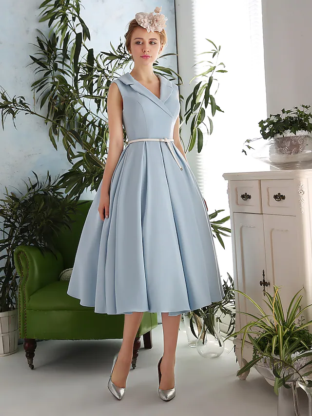 A-Line Elegant Vintage Inspired Cocktail Party Prom Dress V Neck Sleeveless Tea Length Spandex with Sash  Ribbon