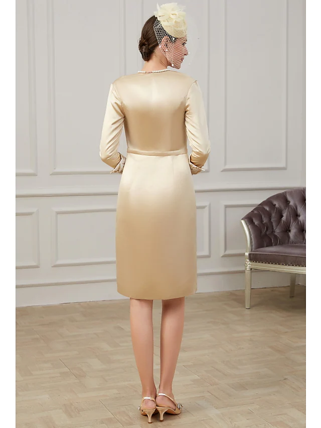 Kleid für die Brautmutter, Übergröße, Rundhalsausschnitt, knielang, Spitze, Polyester, 3/4-Ärmel mit Spitzenapplikationen, Rüschen