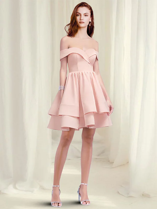A-Line Empire Minimalist Homecoming Engagement Dress Off Shoulder Sleeveless Short  Mini Satin with Tier