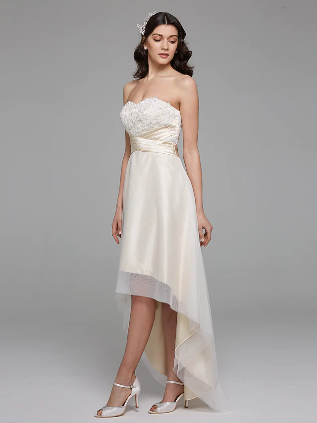 A-Line Wedding Dresses Sweetheart Neckline Asymmetrical Satin Floral Lace Strapless Simple Plus Size with Bowknot Sash  Ribbon Beading