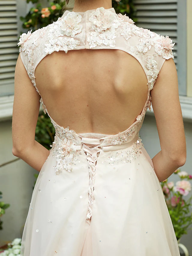 A-Line Wedding Dresses High Neck Sweep  Brush Train Tulle Short Sleeve Open Back with Bowknot Sash  Ribbon Beading