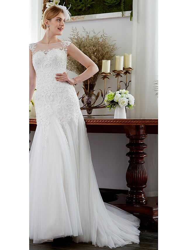 Brautkleider mit Illusionsausschnitt, Hofschleppe, ärmellos, Tüll, Glitzer und Glanz mit Perlenapplikationen