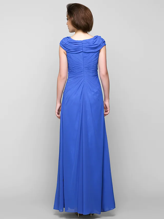 A-Linien-Kleid für die Brautmutter, elegant, Wasserfallausschnitt, knöchellang, Chiffon, ärmellos, mit überkreuzten Applikationen