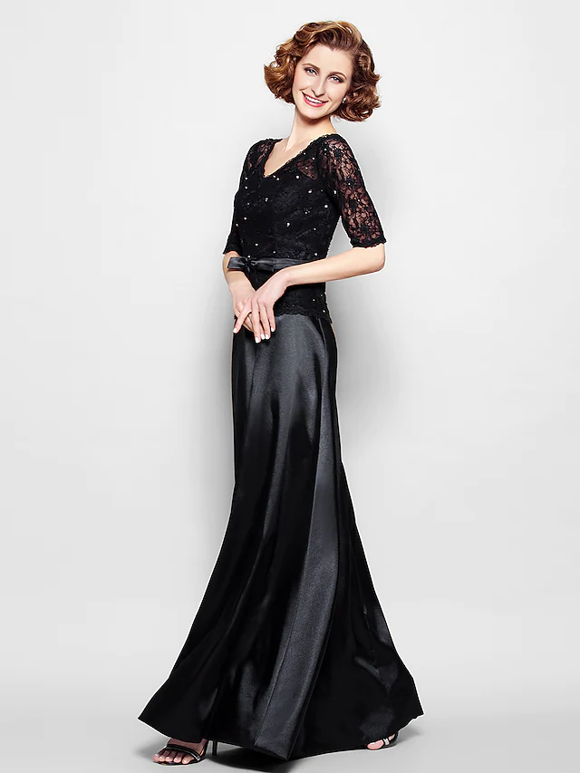 Mother of the Bride Dress Elegant V Neck Floor Length Lace Stretch Satin Half Sleeve with Lace Sash  Ribbon Bow(s)