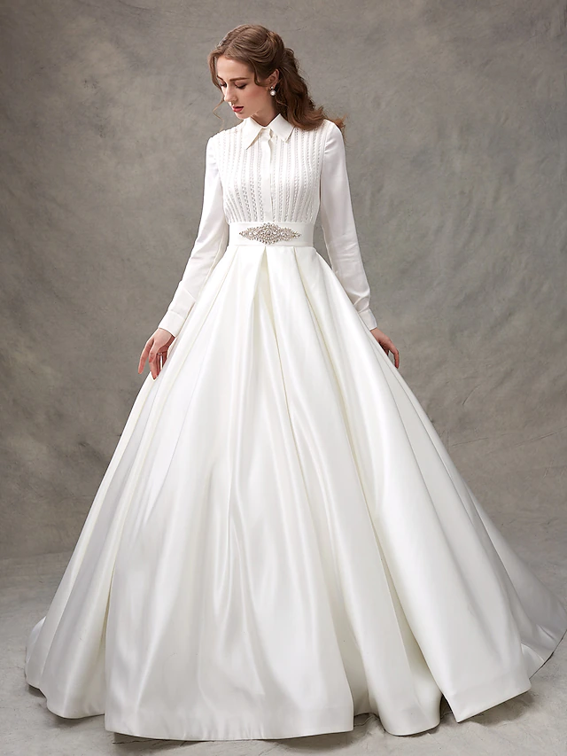 Ball Gown Wedding Dresses High Neck  Satin Long Sleeve Glamorous Sparkle & Shine with Bowknot Sash  Ribbon Beading