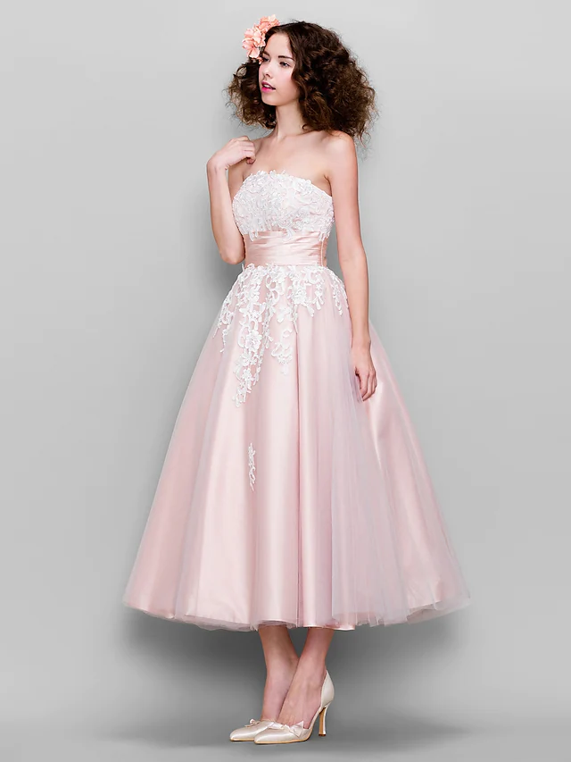 Ball Gown  Wedding Guest Prom Dress Strapless Sleeveless Ankle Length Tulle Stretch Satin with Appliques
