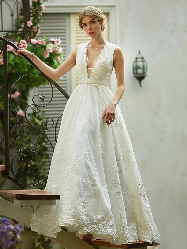 A-Line Wedding Dresses Plunging Neck  Lace Over Tulle Sleeveless See-Through Beautiful Back Illusion Detail with Sash  Ribbon Appliques