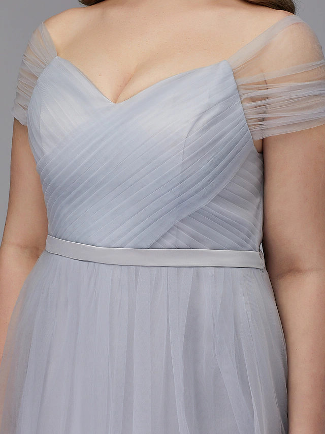 A-Line Elegant Cocktail Party Prom Dress Off Shoulder Short Sleeve Tea Length Tulle with Sash  Ribbon Criss Cross