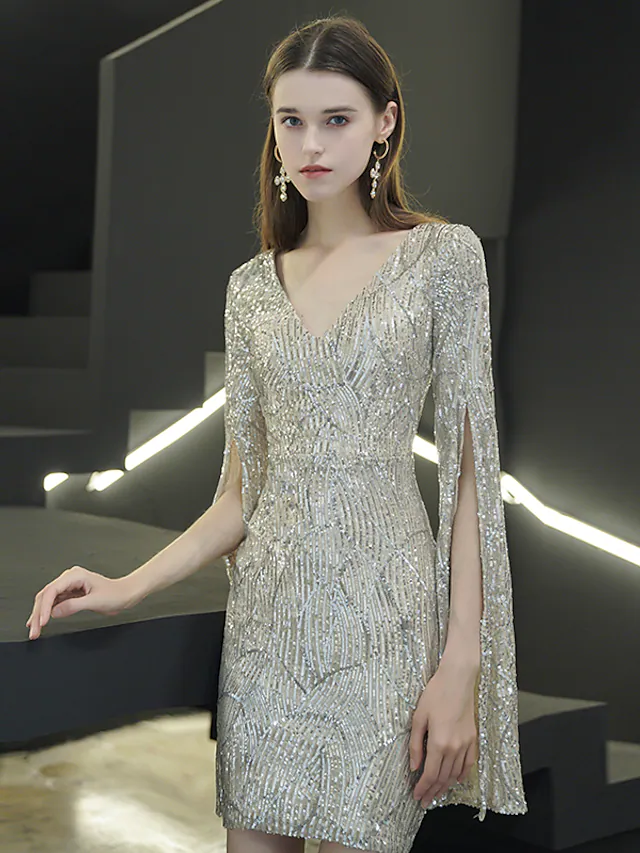 Sparkle Elegant Homecoming Cocktail Party Dress V Neck Long Sleeve Short  Mini Sequined with Sequin Split