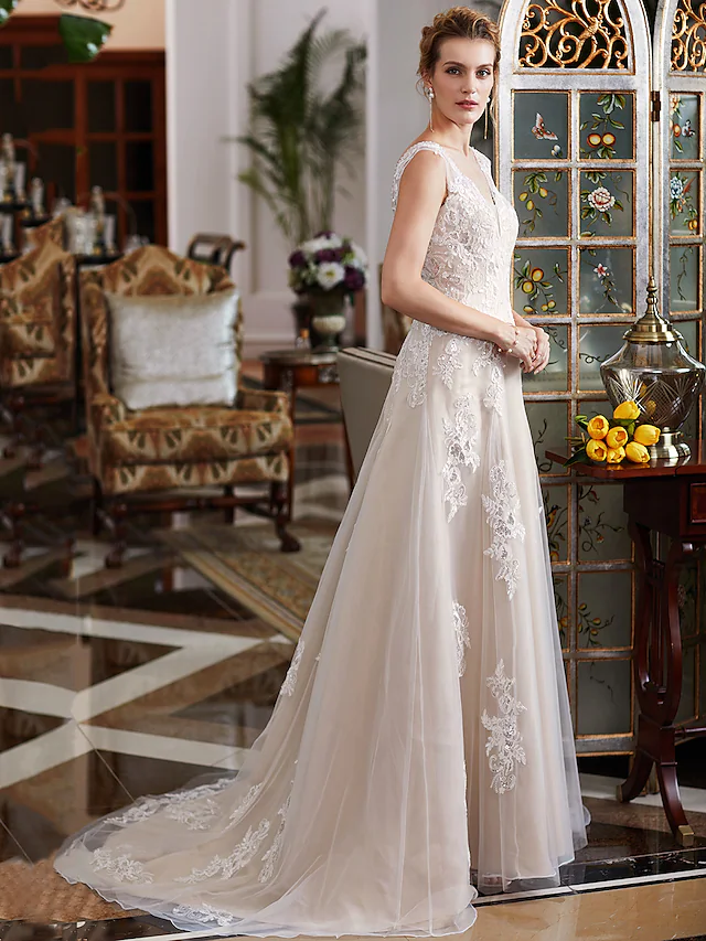 A-Line Wedding Dresses V Neck Court Train Lace Tulle Regular Straps Romantic Illusion Detail with Beading Appliques