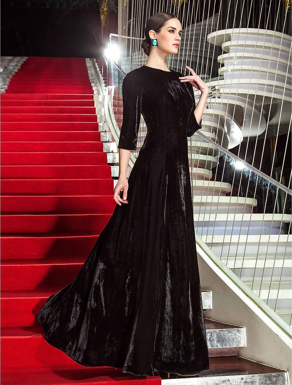 Elegant A-Line dress in velvet, showcasing 3/4 sleeves and a jewel neckline.