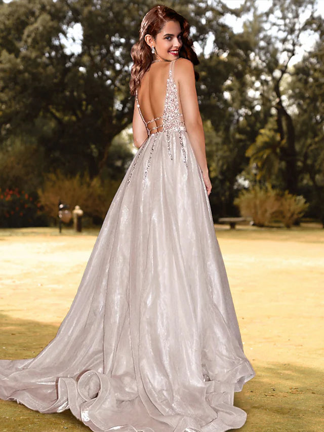 Close-up of the sequined and beaded details on the A-line formal evening dress.