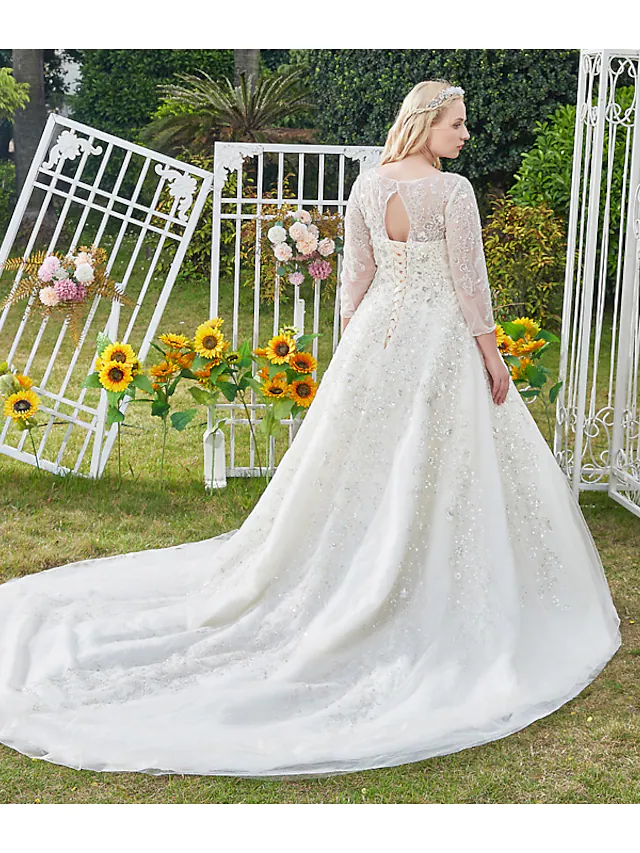 Back view of the ball gown wedding dress, showcasing the cathedral train and intricate beading.