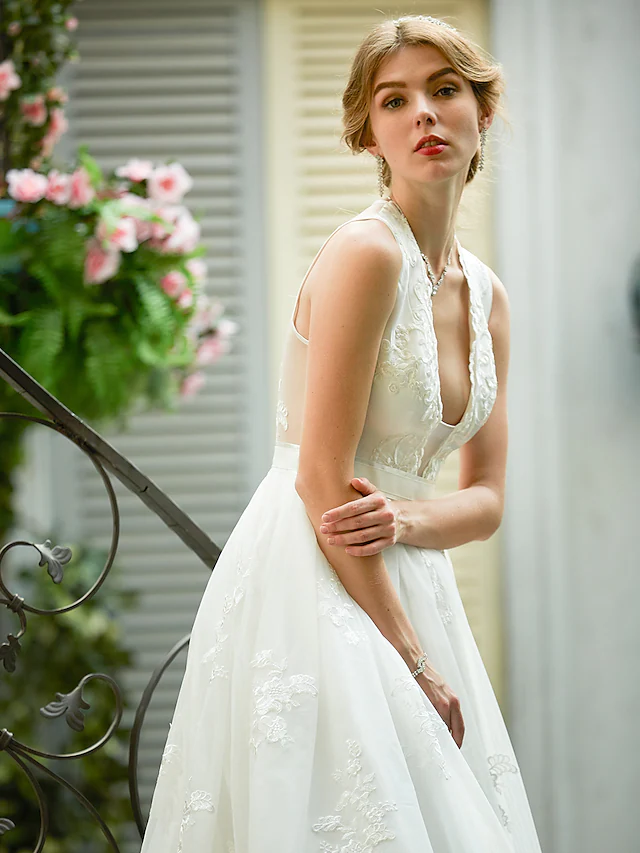 A-Line Wedding Dresses Plunging Neck  Lace Over Tulle Sleeveless See-Through Beautiful Back Illusion Detail with Sash  Ribbon Appliques