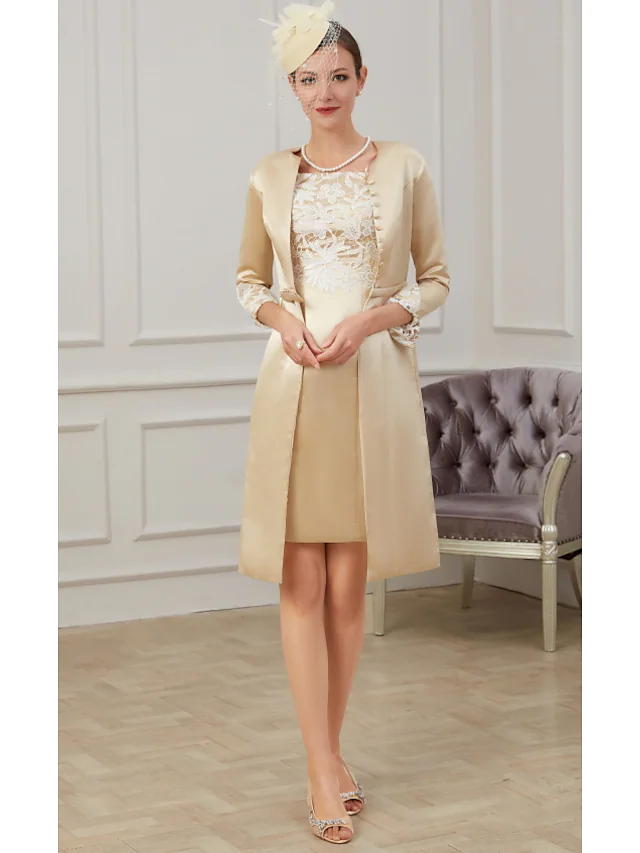 Mother of the Bride Dress Plus Size Jewel Neck Knee Length Lace Polyester 3/4 Length Sleeve with Lace Appliques Ruching