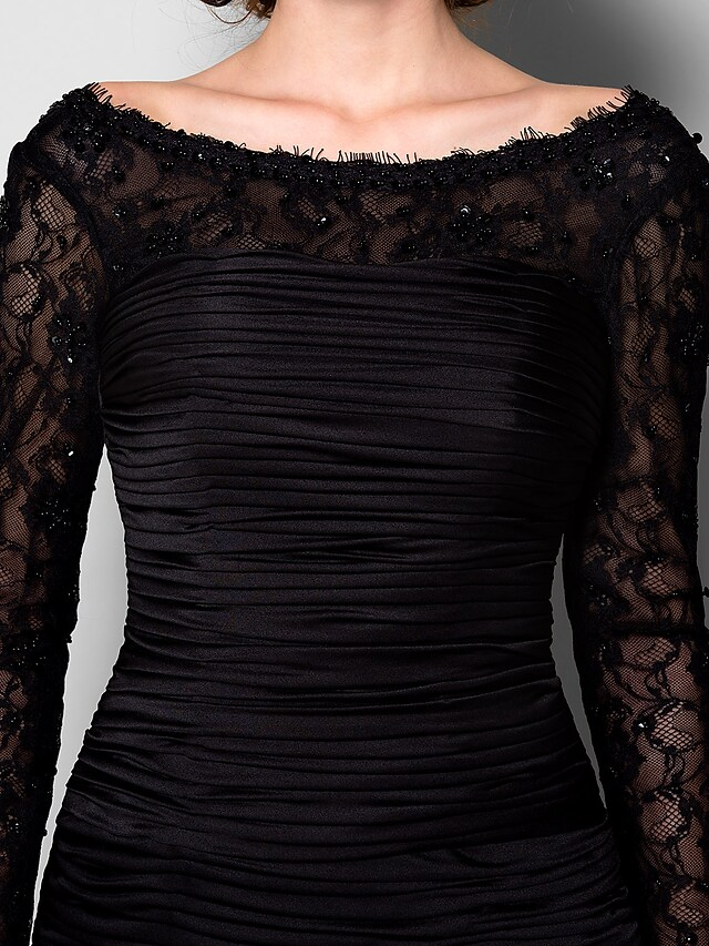 Mother of the Bride Dress Beautiful Back Jewel Neck  Lace Jersey Long Sleeve with Lace Ruched Beading