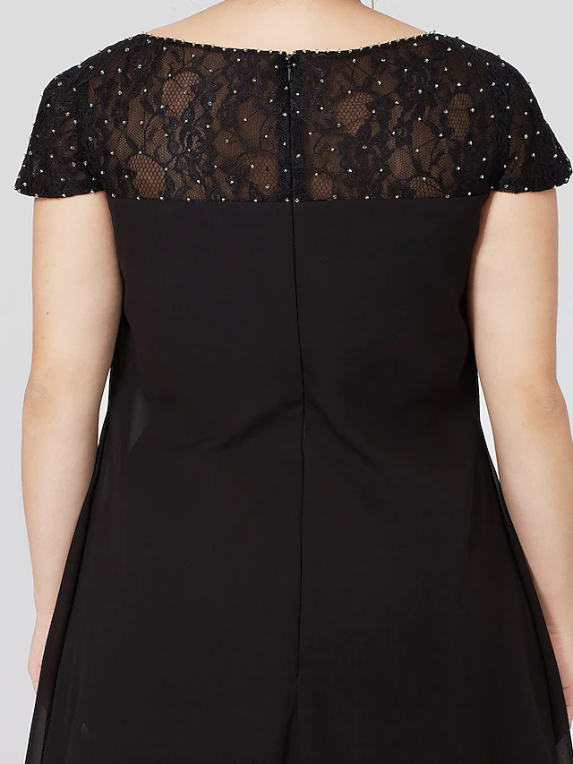 Mother of the Bride Dress Little Black Dress Plus Size See Through Jewel Neck Knee Length Chiffon Lace Short Sleeve with Pleats Beading Lace Insert