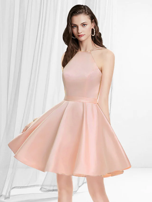 A-Line Reformation Amante Minimalist Homecoming Party Wear Dress Jewel Neck Sleeveless Short  Mini Satin with Sleek