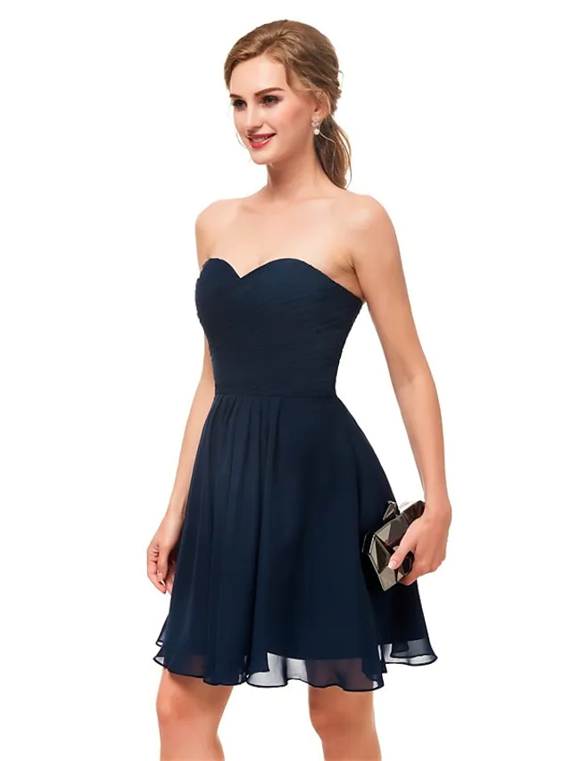 Back view of the A-line strapless cocktail dress.