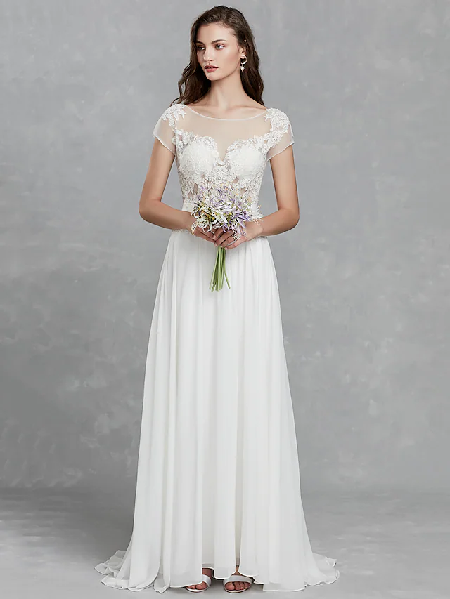 Modern mermaid wedding dress with bateau neck and long sleeves, featuring a backless design with buttons.