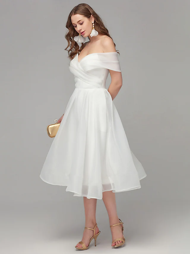A-Line White Elegant Engagement Cocktail Party Dress Off Shoulder Sleeveless Tea Length Organza with Criss Cross Pleats