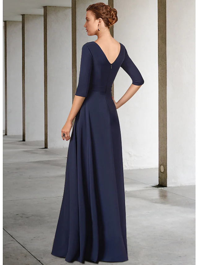 Mother of the Bride Dress Elegant V Neck Floor Length Stretch Fabric Half Sleeve with Sash  Ribbon Bow(s) Pleats