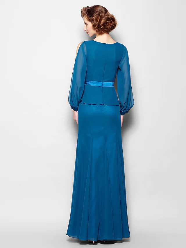 Kleid für die Brautmutter im Vintage-Stil, mit Rundhalsausschnitt, bodenlang, Chiffon, lange Ärmel, mit Schärpe, Schleife, Blume