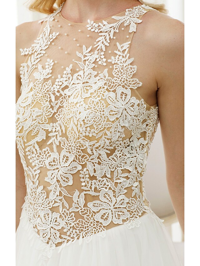 Ballkleid-Brautkleider, Rundhalsausschnitt, Kapellenschleppe, Spitze, Tüll, Spitze über Tüll, normale Träger, durchsichtig, schöner Rücken mit Knöpfen und Applikationen