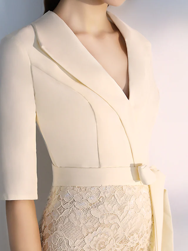 Elegant bodycon Homecoming Cocktail Party Dress V Neck Half Sleeve Knee Length Lace Stretch Fabric with Sash  Ribbon