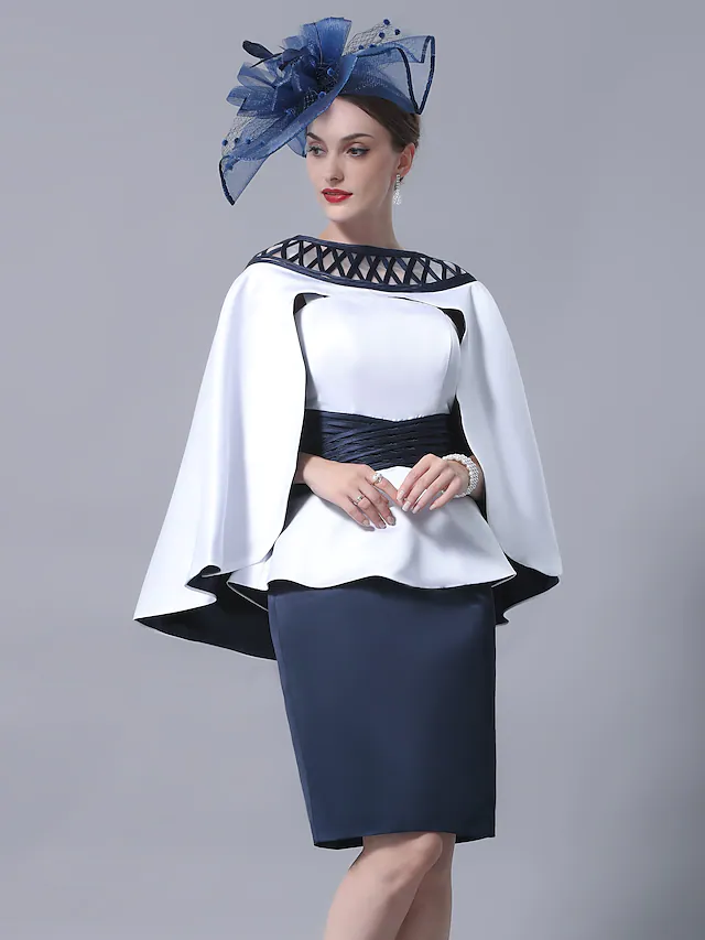 Kleid für die Brautmutter, Übergröße, elegant, Vintage, gerader Ausschnitt, knielang, Satin, ärmellos, mit Schärpenband