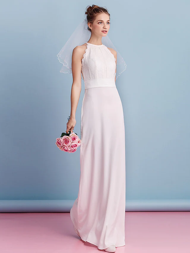 Wedding Dresses Jewel Neck Floor Length Chiffon Lace Regular Straps Floral Lace with Lace Sash  Ribbon