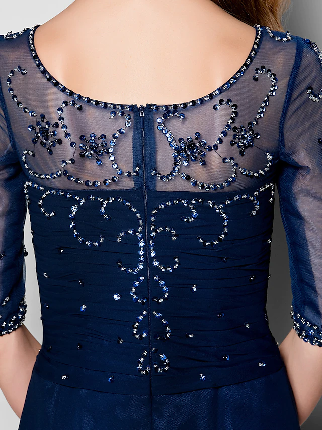 A-Line Mother of the Bride Dress See Through Jewel Neck  Chiffon Tulle Half Sleeve with Ruched Crystals Beading