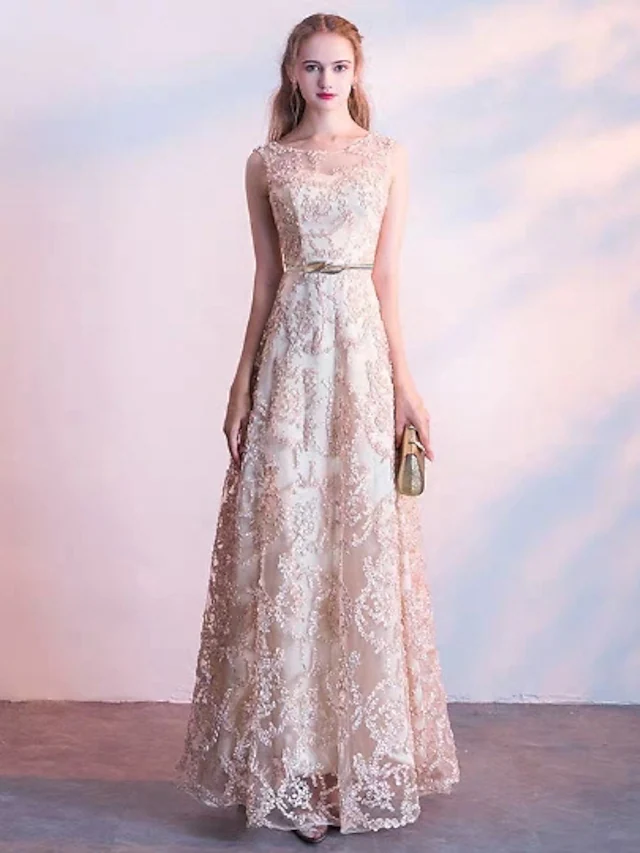 A-Line Jewel Neck Floor Length Lace Bridesmaid Dress with Sash  Ribbon  Appliques