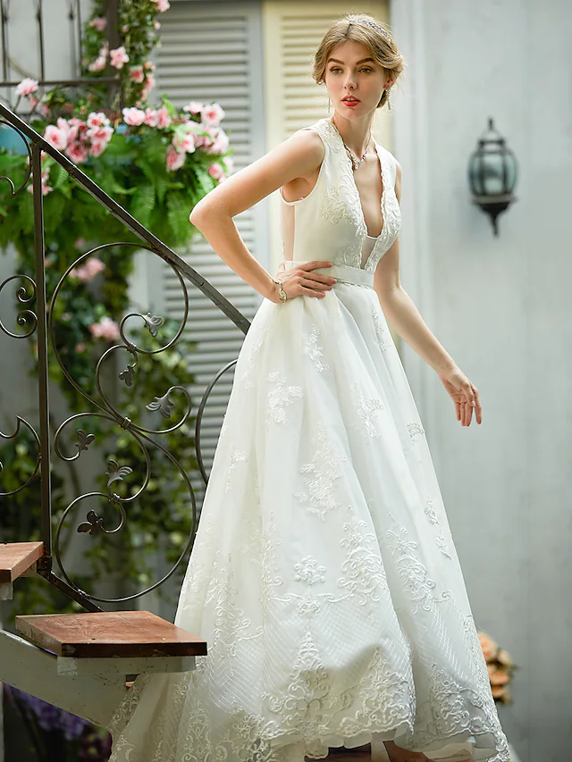 A-Line Wedding Dresses Plunging Neck  Lace Over Tulle Sleeveless See-Through Beautiful Back Illusion Detail with Sash  Ribbon Appliques
