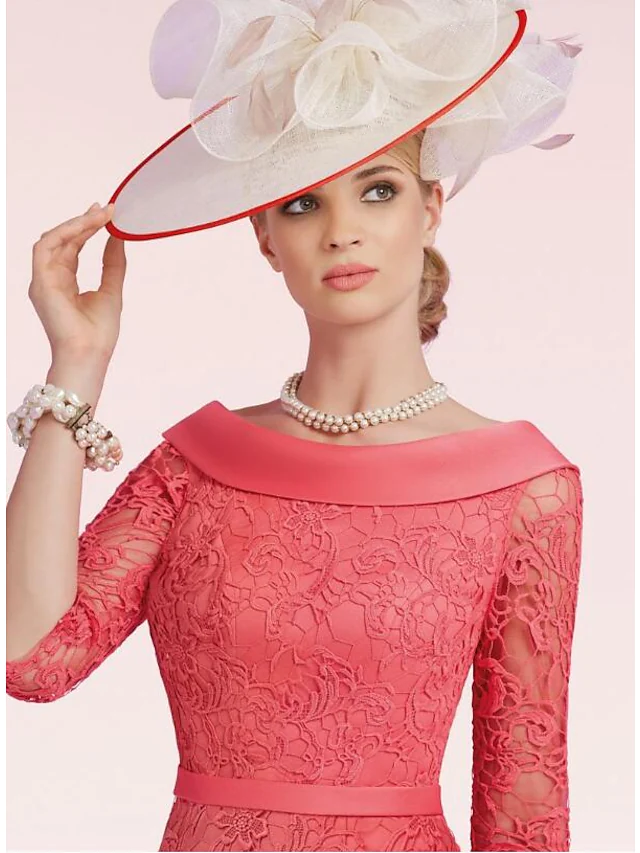 Mother of the Bride Dress Plus Size Bateau Neck Knee Length Lace Satin Half Sleeve with Sash  Ribbon Bow(s) Split Front