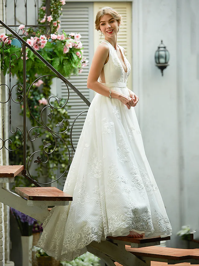 A-Line Wedding Dresses Plunging Neck  Lace Over Tulle Sleeveless See-Through Beautiful Back Illusion Detail with Sash  Ribbon Appliques