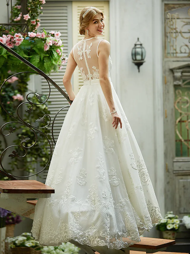 A-Line Wedding Dresses Plunging Neck  Lace Over Tulle Sleeveless See-Through Beautiful Back Illusion Detail with Sash  Ribbon Appliques