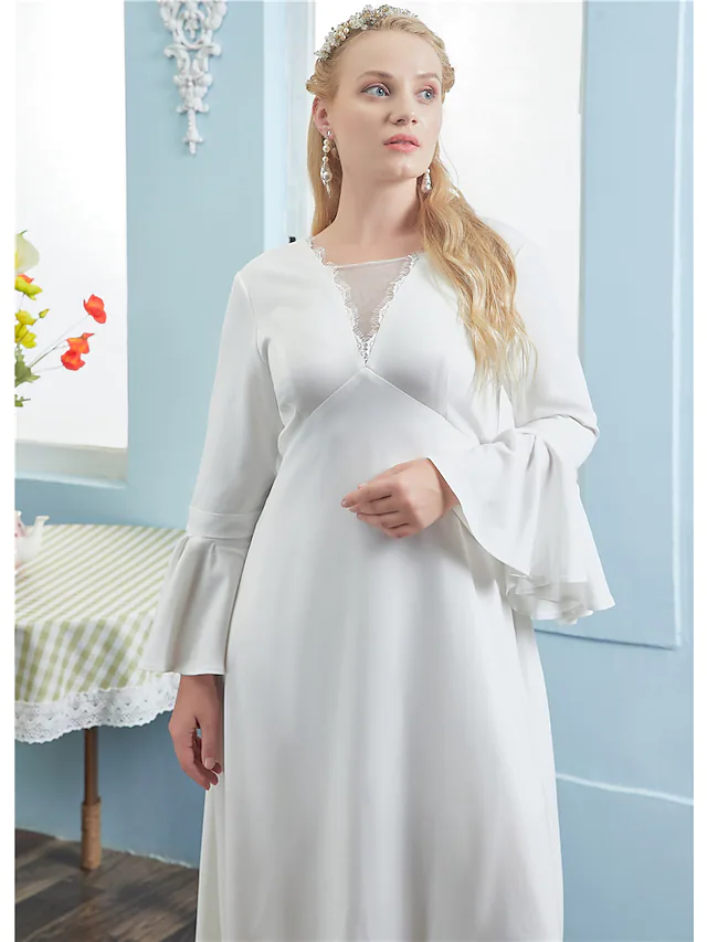 A-Line Wedding Dresses V Neck Chapel Train Lace Italy Satin Long Sleeve Vintage Plus Size with Pleats Lace Insert