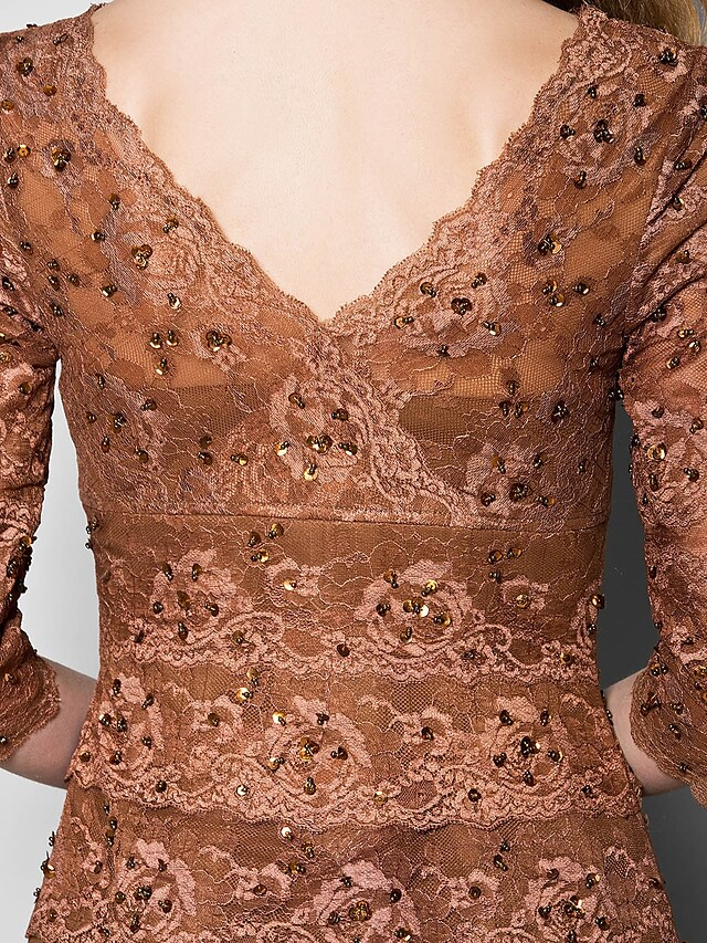 A-Line Mother of the Bride Dress V Neck Floor Length Lace Georgette  Length Sleeve with Lace Beading