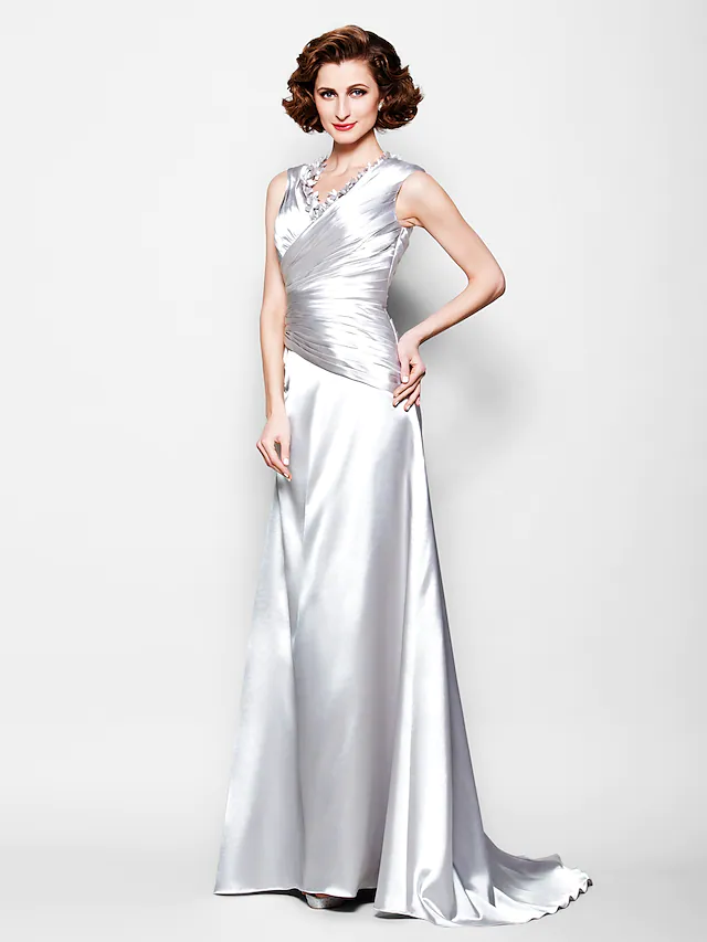 A-Line Mother of the Bride Dress V Neck  Stretch Satin Sleeveless with Criss Cross Beading Side Draping