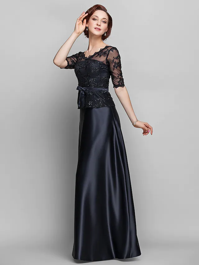 A-Line Mother of the Bride Dress See Through V Neck Floor Length Lace Satin Half Sleeve with Lace Bow(s) Beading