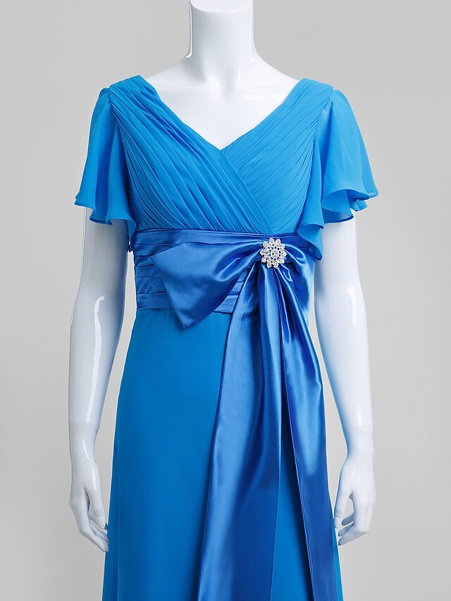 Mother of the Bride Dress Elegant V Neck Floor Length Chiffon Short Sleeve with Criss Cross Crystals